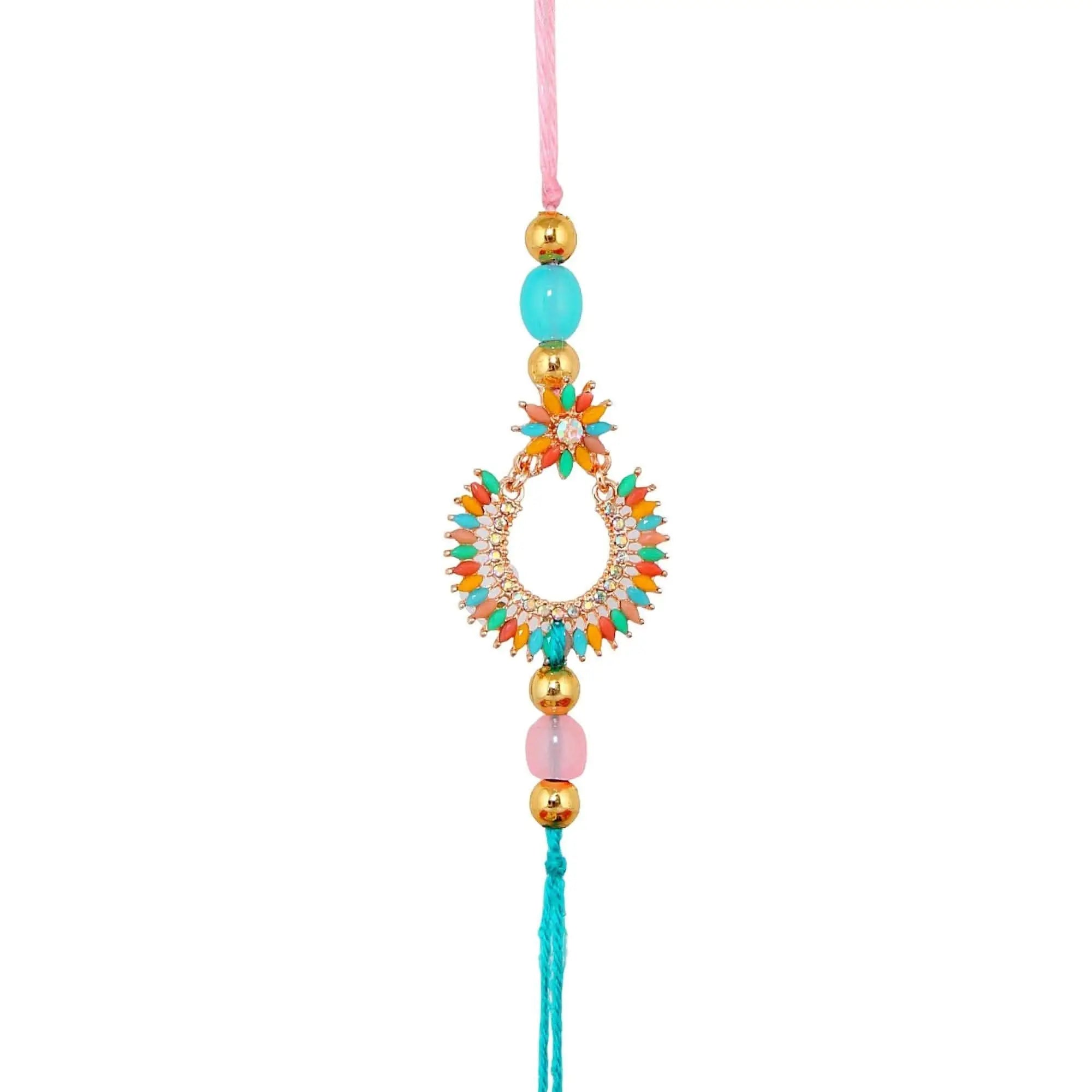 Designer Gold-Plated ferozi color meena thread rakhi with pink and ram green threads (pack of 2) | LUCKY JEWELLERY - halfpeapp
