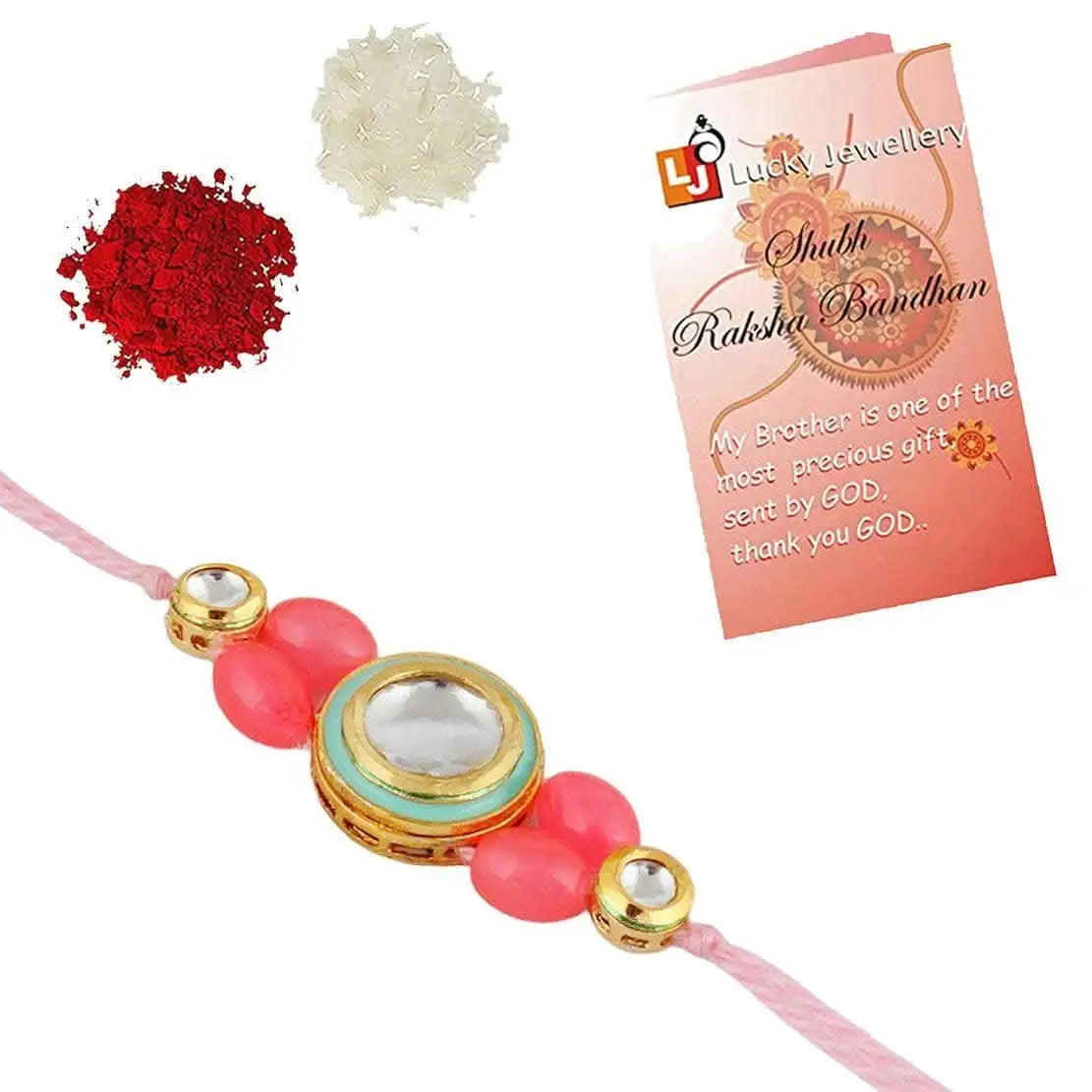 Designer Gold-Plated ferozi color meena thread rakhi with pink thread | LUCKY JEWELLERY - halfpeapp