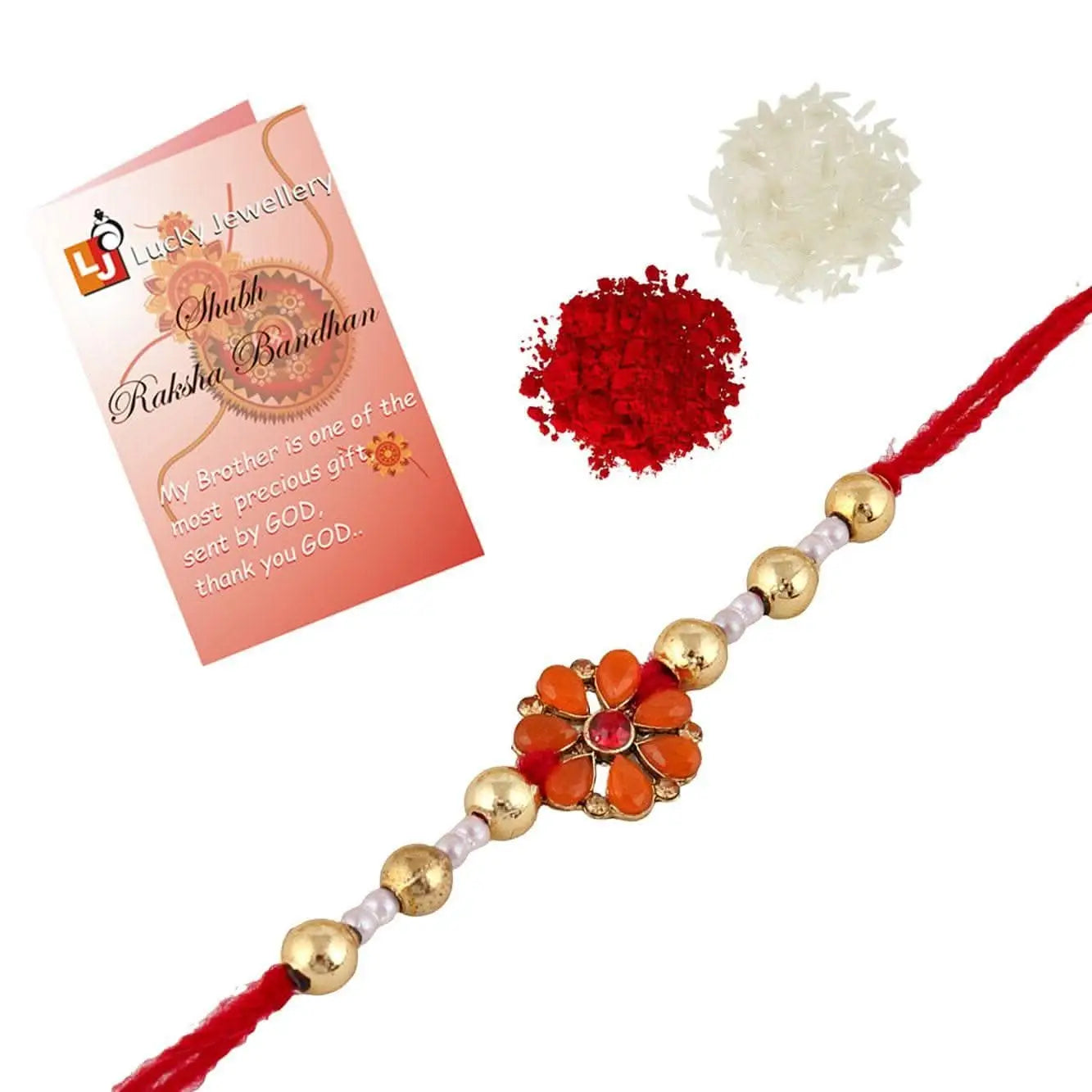 Designer Gold-Plated ferozi color meena thread rakhi with red stones and gold plated pearls | LUCKY JEWELLERY - halfpeapp
