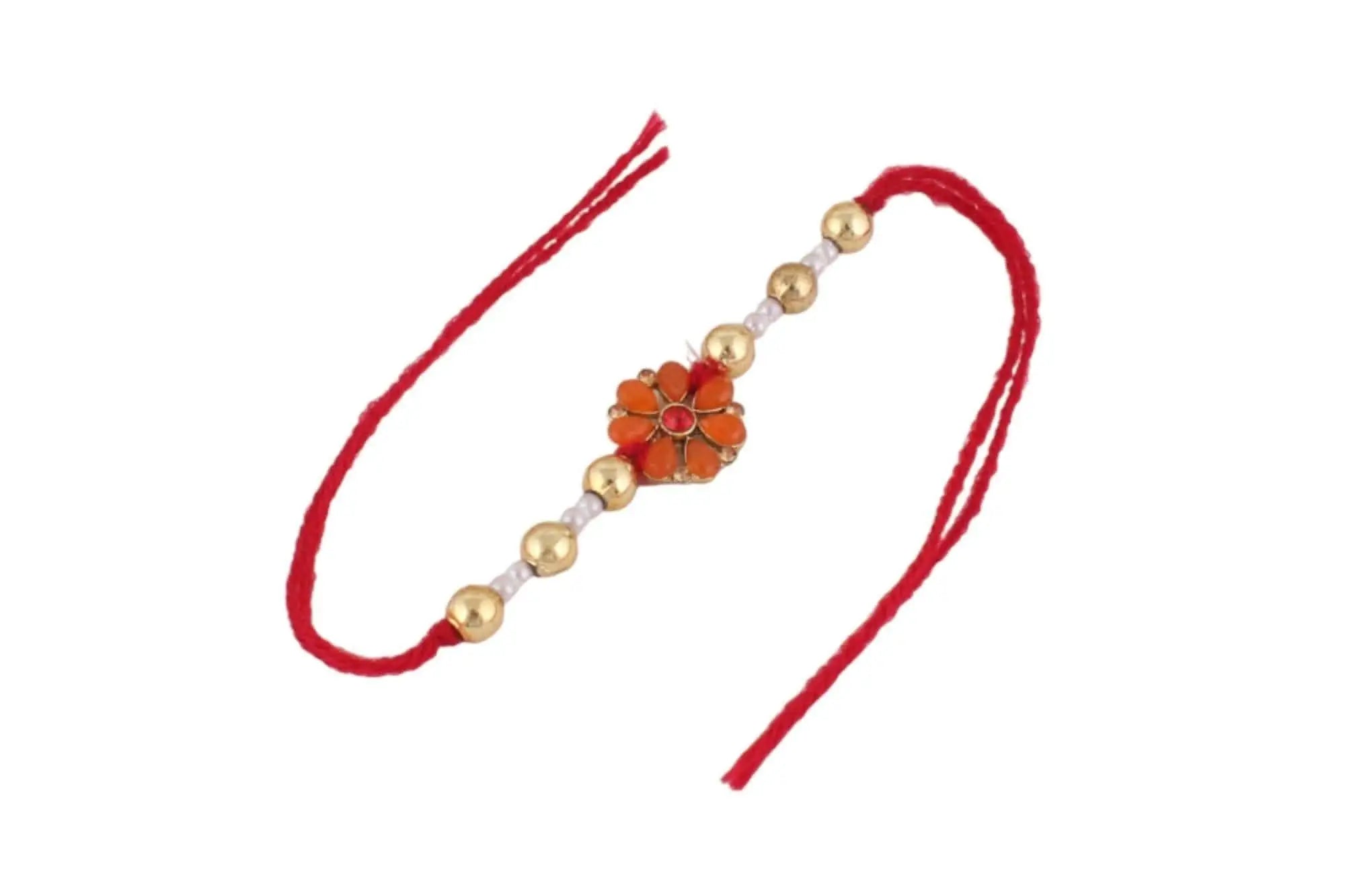 Designer Gold-Plated ferozi color meena thread rakhi with red stones and gold plated pearls | LUCKY JEWELLERY - halfpeapp