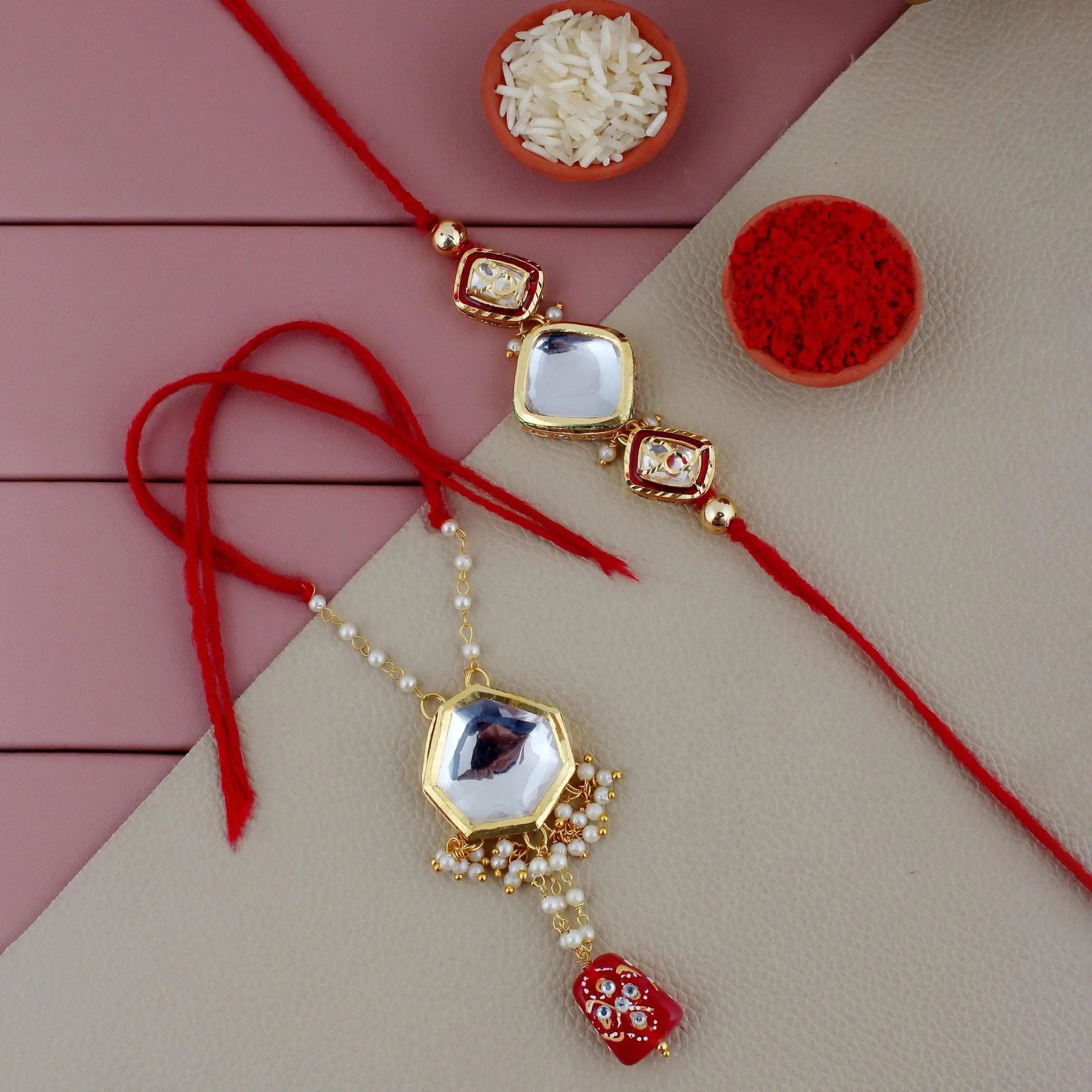 Designer Gold-Plated ferozi color meena thread rakhi with rhombus and hexagonal stones (pack of 2) | LUCKY JEWELLERY - halfpeapp