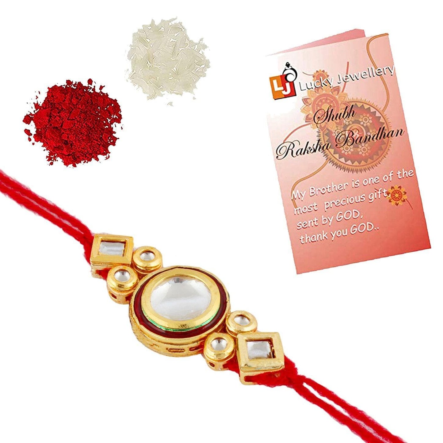 Designer Gold-Plated ferozi color meena thread rakhi with rhombus and round stones | LUCKY JEWELLERY - halfpeapp