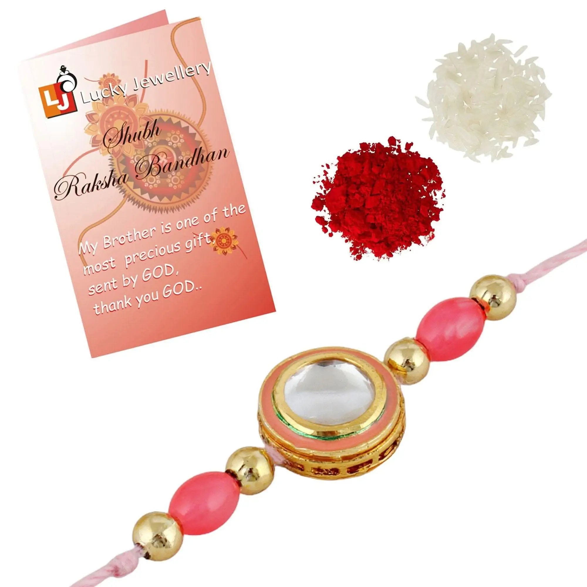 Designer Gold-Plated ferozi color meena thread rakhi with silver stone and orange outer ring | LUCKY JEWELLERY - halfpeapp