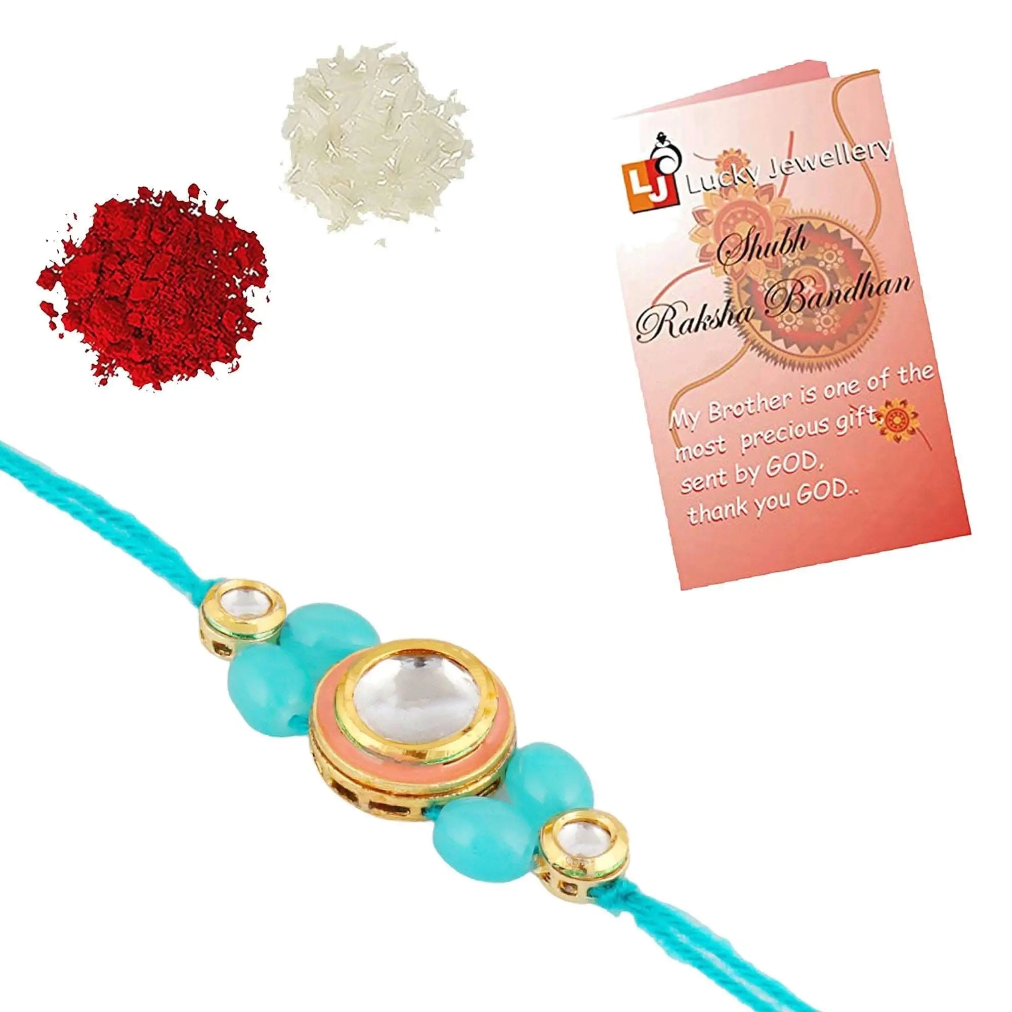 Designer Gold-Plated ferozi color meena thread rakhi with silver stone and rama green beads | LUCKY JEWELLERY - halfpeapp