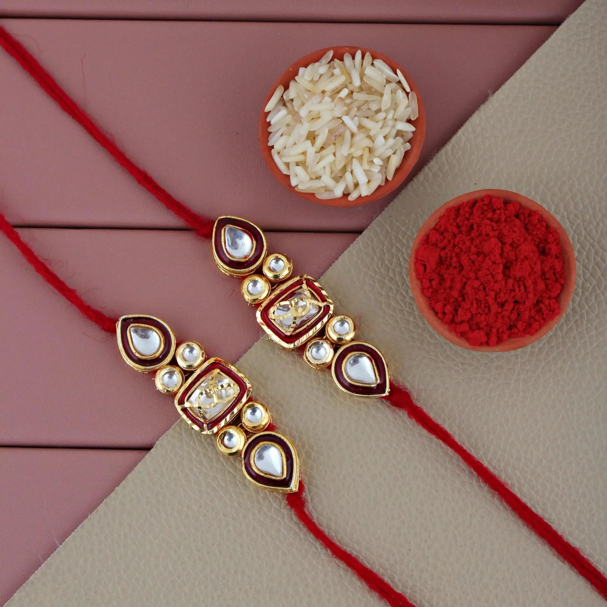 Designer Gold-Plated ferozi color meena thread rakhi with square rings and pearls (pack of 2) | LUCKY JEWELLERY - halfpeapp