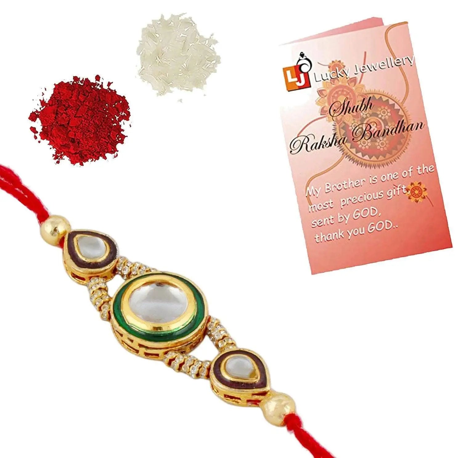 Designer Gold-Plated ferozi color meena thread rakhi with white big stone| LUCKY JEWELLERY - halfpeapp