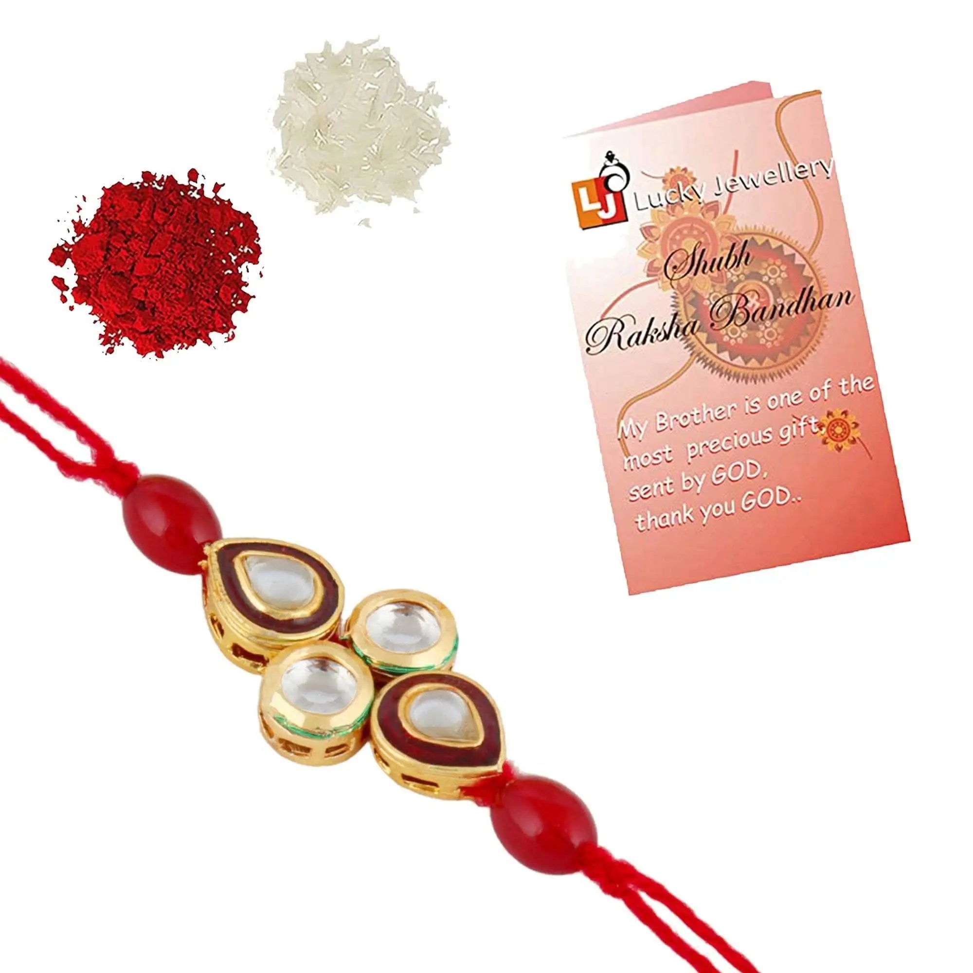 Designer Gold-Plated ferozi color meena thread rakhi with white stones and red beads | LUCKY JEWELLERY - halfpeapp