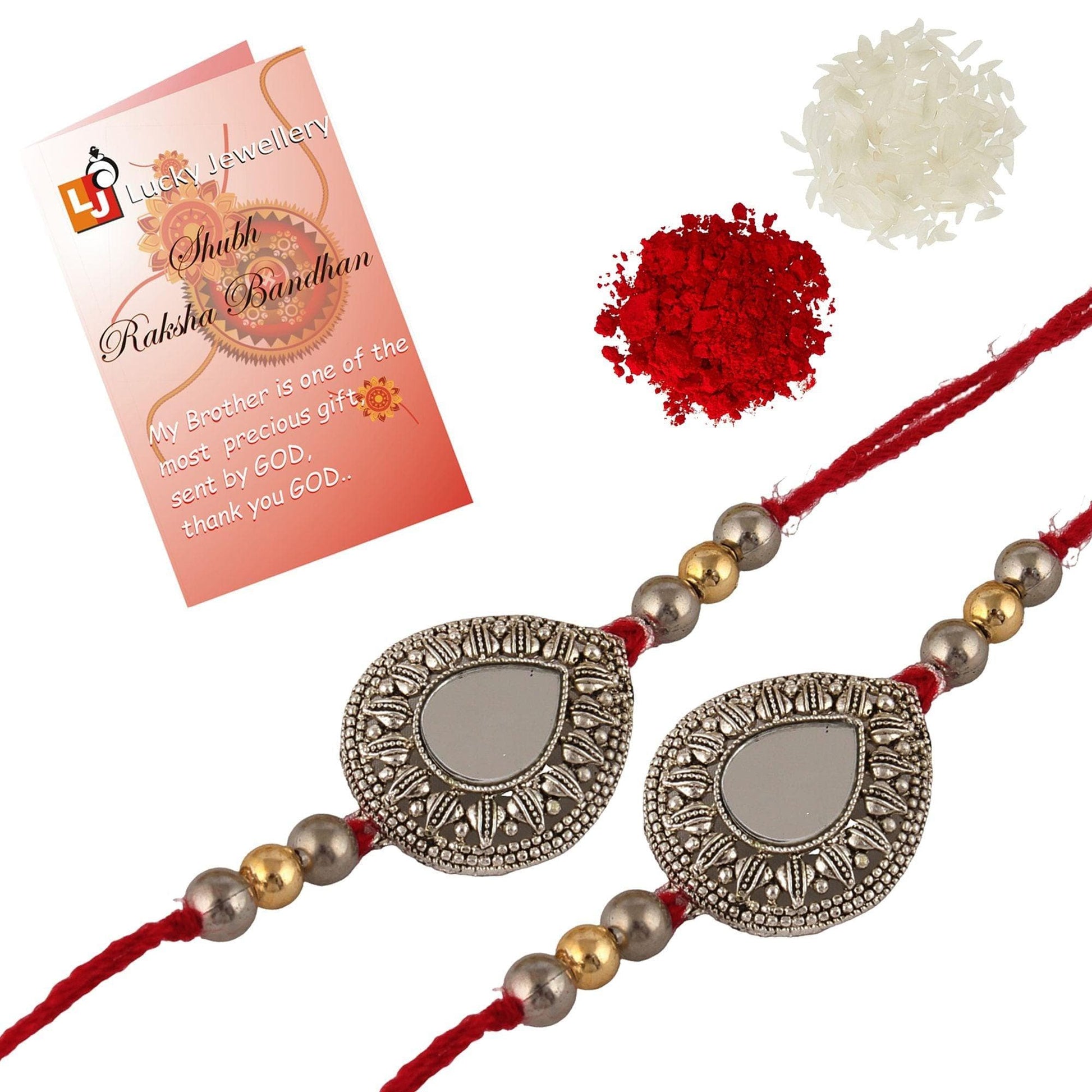 Designer Gold-Plated meena thread rakhi with gray dollars (pack of 2)| LUCKY JEWELLERY - halfpeapp