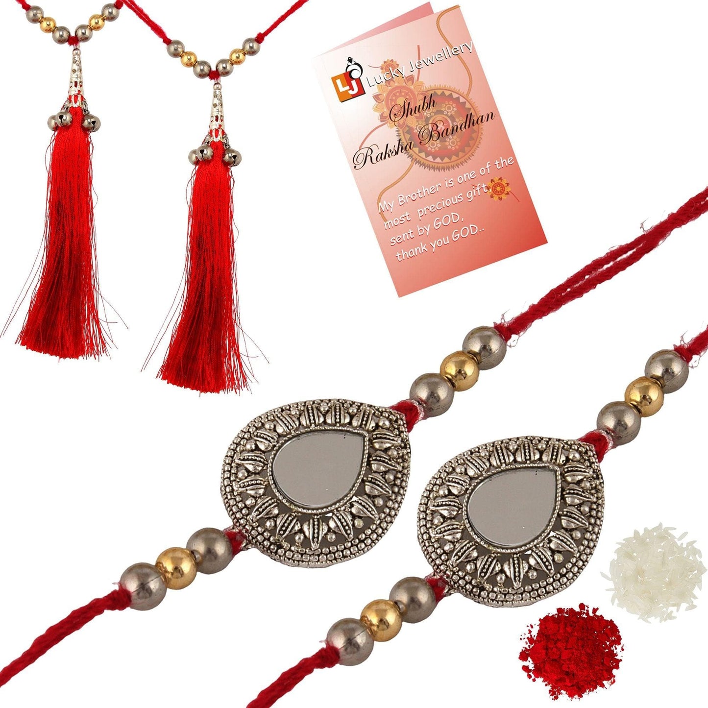 Designer Gold-Plated meena thread rakhi with red kuchulu and gray dollars (pack of 4) | LUCKY JEWELLERY - halfpeapp