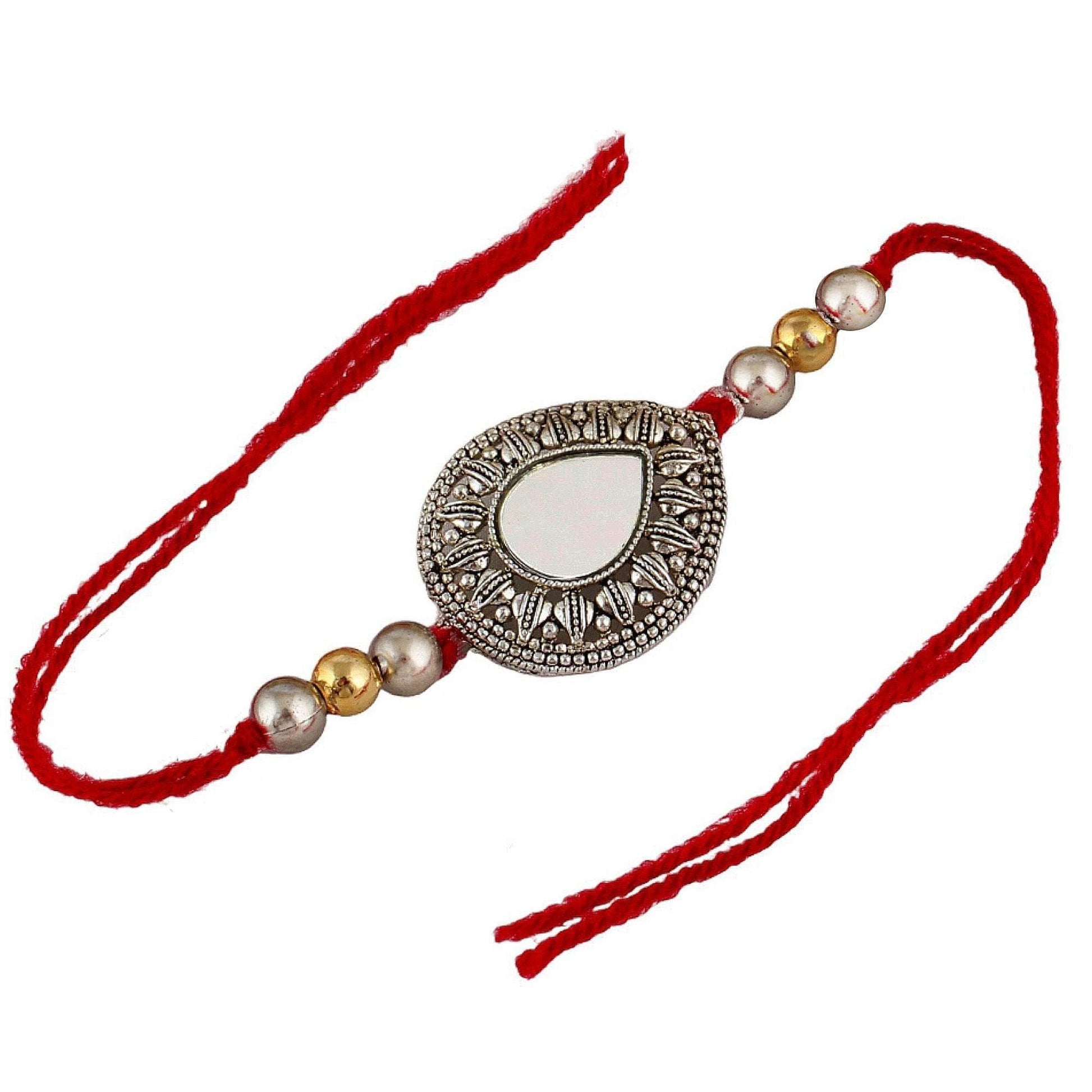 Designer Gold-Plated meena thread rakhi with red kuchulu and gray dollars (pack of 4) | LUCKY JEWELLERY - halfpeapp