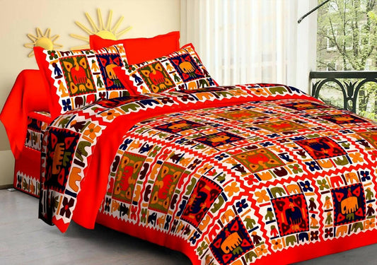 Jaipuri traditional City HAATI Pattern Design queen size cotton bedsheet with two pillow cover (Red) - HalfPe