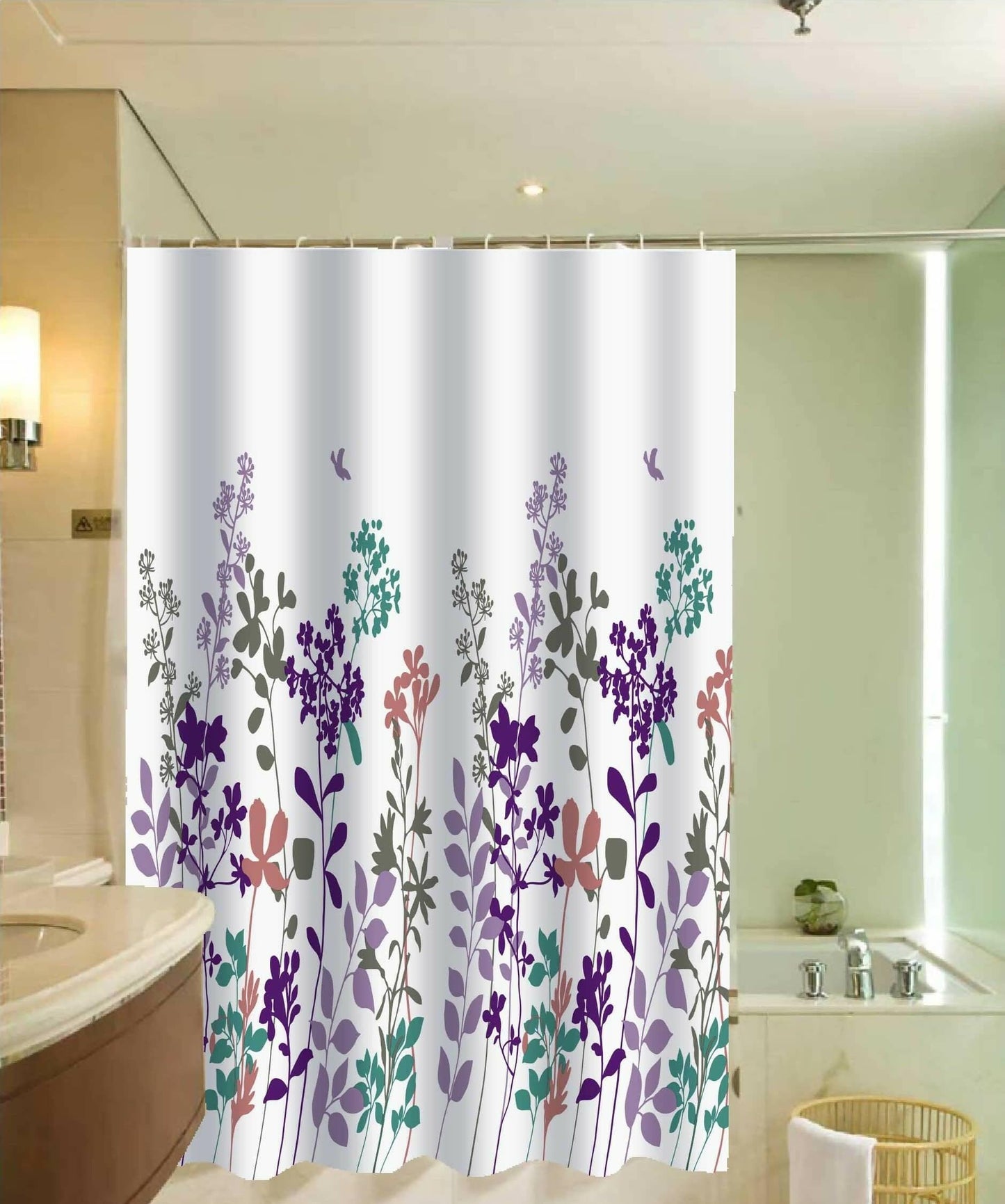 Lushomes shower curtain, Verbena Printed, Polyester waterproof 6x6.5 ft with hooks, non-PVC, Non-Plastic, For Washroom, Balcony for Rain, 12 eyelet & 12 Hooks (6 ft W x 6.5 Ft ) - HalfPe