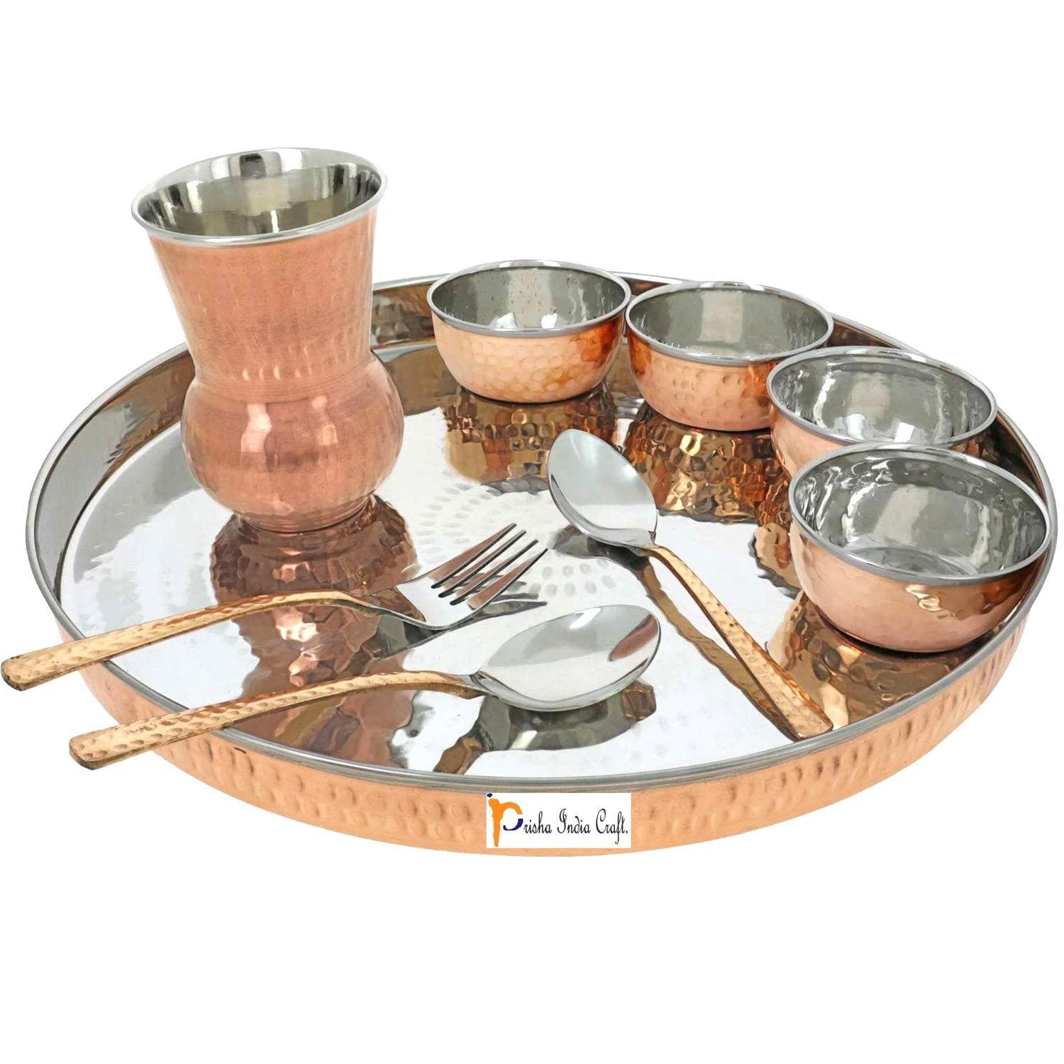 Dinnerware copper traditional dinner set of thali plate,bowls,fork,glass spoon and serving spoon 13inch | PRISHA INDIA CRAFT - halfpeapp