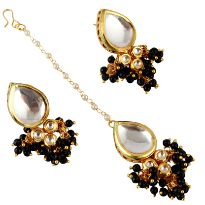 LUCKY JEWELLERY Back Meenakari 18k Gold Plated Black Color Tika Earring Combo Uncut Big Faux Kundan Choker Necklace set - HalfPe