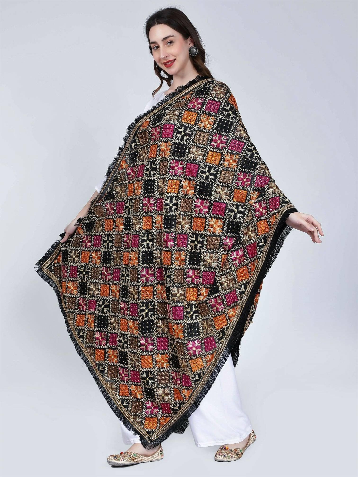 Multicolour Phulkari Dupatta - Magenta with mirror work ( Black Orange) - HalfPe