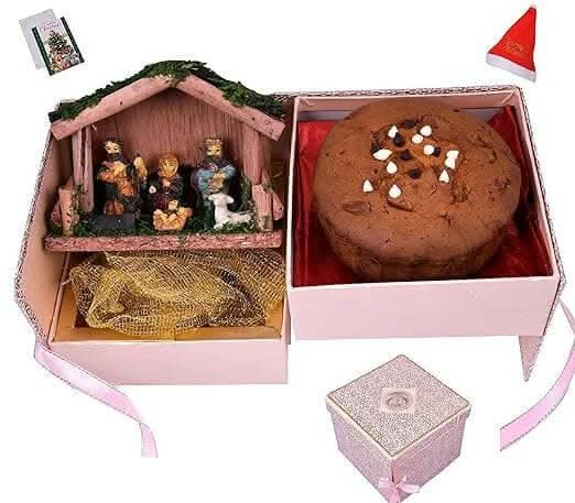 MANTOUSS Christmas Double Decker Plum Cake(300gms) Gift Box/ Christmas Cake Gift Hamper+ Christmas Nativity Jesus Family Statue + Christmas Card + Santa Cap - HalfPe