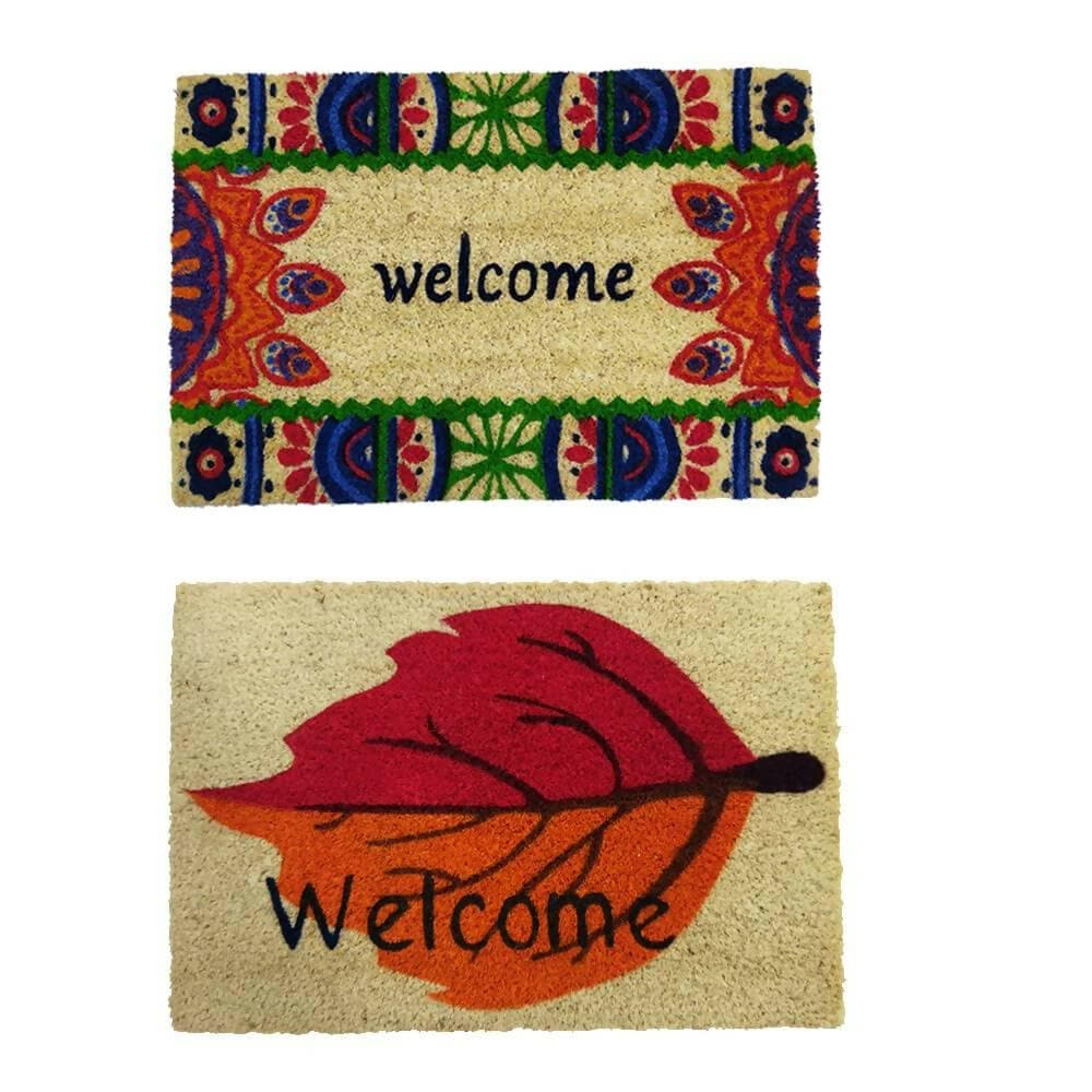 Mats Avenue Coir Door Mats with Rubber Backing Multicolor (40x60 cm ) Flower and Leaf Welcome (Set of 2) - HalfPe