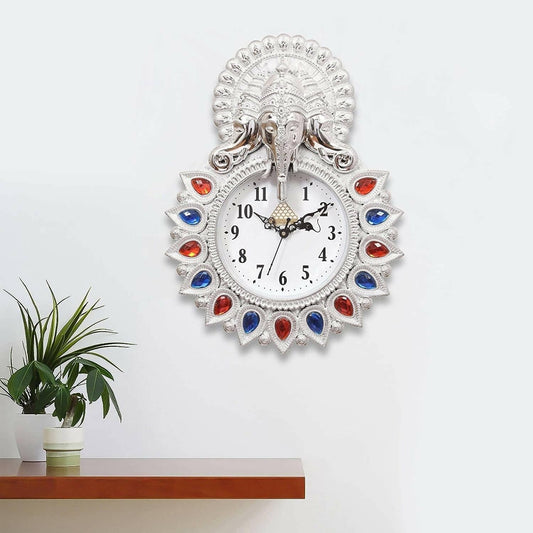 Webelkart Designer Stones Lord Ganesha Plastic Wall Clock for Home/Living Room/Bedroom/Kitchen (Silver-13Inches) - HalfPe