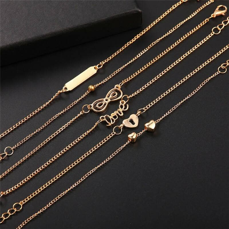 Pinapes Bohemian 6pcs Bracelet on Leg Heart Love Bar Infinity Foot Chain Ankle Beach Jewelry - HalfPe