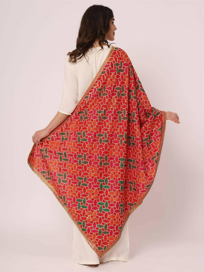 Red Multicolour Leaf Design Embroidery Phulkari Dupatta - HalfPe