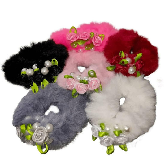 SENECIO Pearl With Lovely Rose Fluffy Fur Soft Multicolor Rubber Band Hair Tie Scrunchies (Set of 6 ) - HalfPe