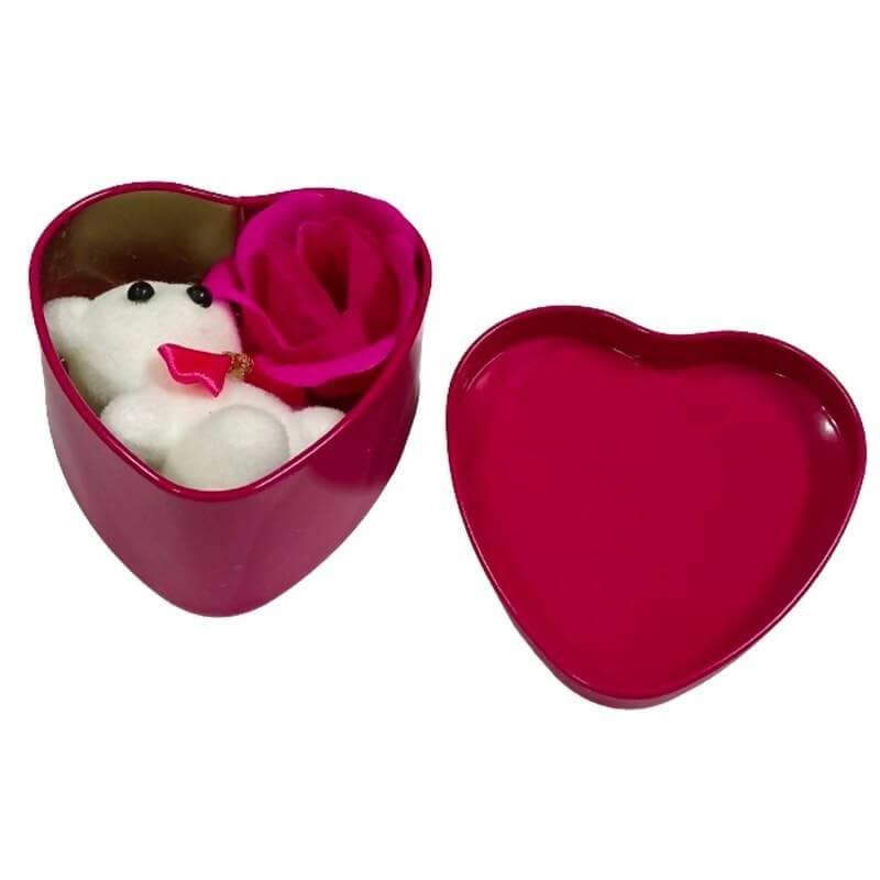 Valentine's Day Box with Small Teddy and Rose Made of Cloth (Size: 7cm Pink Color) - HalfPe