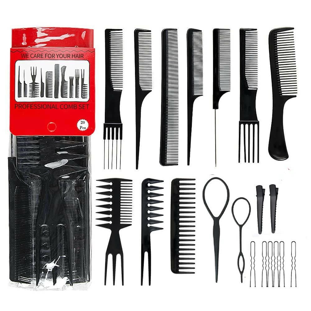 SENECIO Hair Styling Tool Professional Comb Kit Set Black With Topsy & Hair Pins ( 20 in 1 pack) - HalfPe