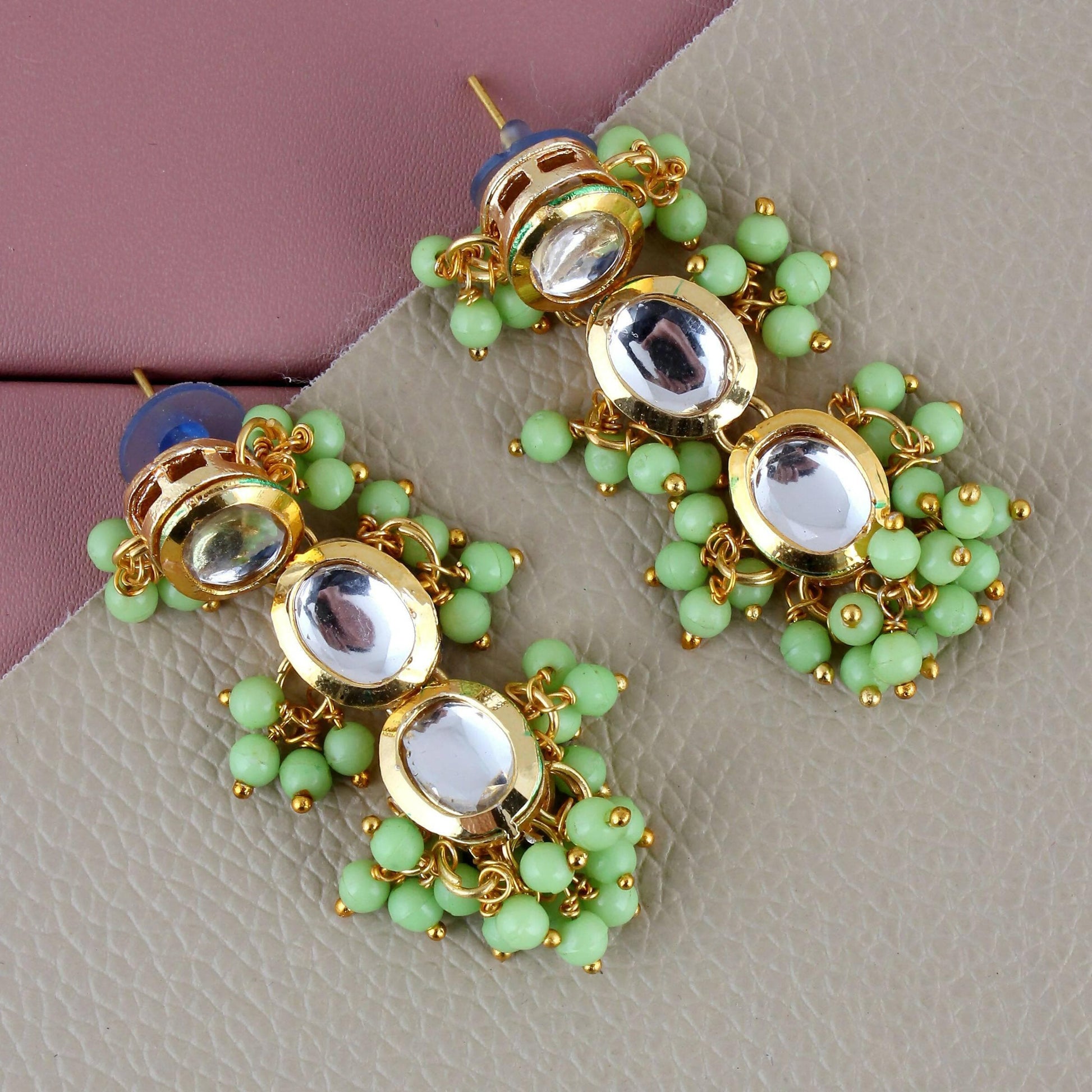 LUCKY JEWELLERY Back Meenakari 18k Gold Plated Light Green Color beads Tika Earring Combo Uncut Big Faux Kundan Choker Necklace set - HalfPe