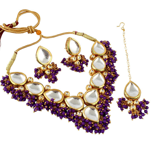 LUCKY JEWELLERY Back Meenakari 18k Gold Plated Purple Color Tika Earring Combo Uncut Big Faux Kundan Choker Necklace set - HalfPe