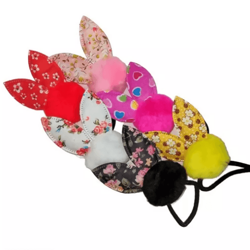 SENECIO Pom Pom Floral Rabbit Ear Printed Black Rope Stretchable Rubber Band(6 Piece) - HalfPe