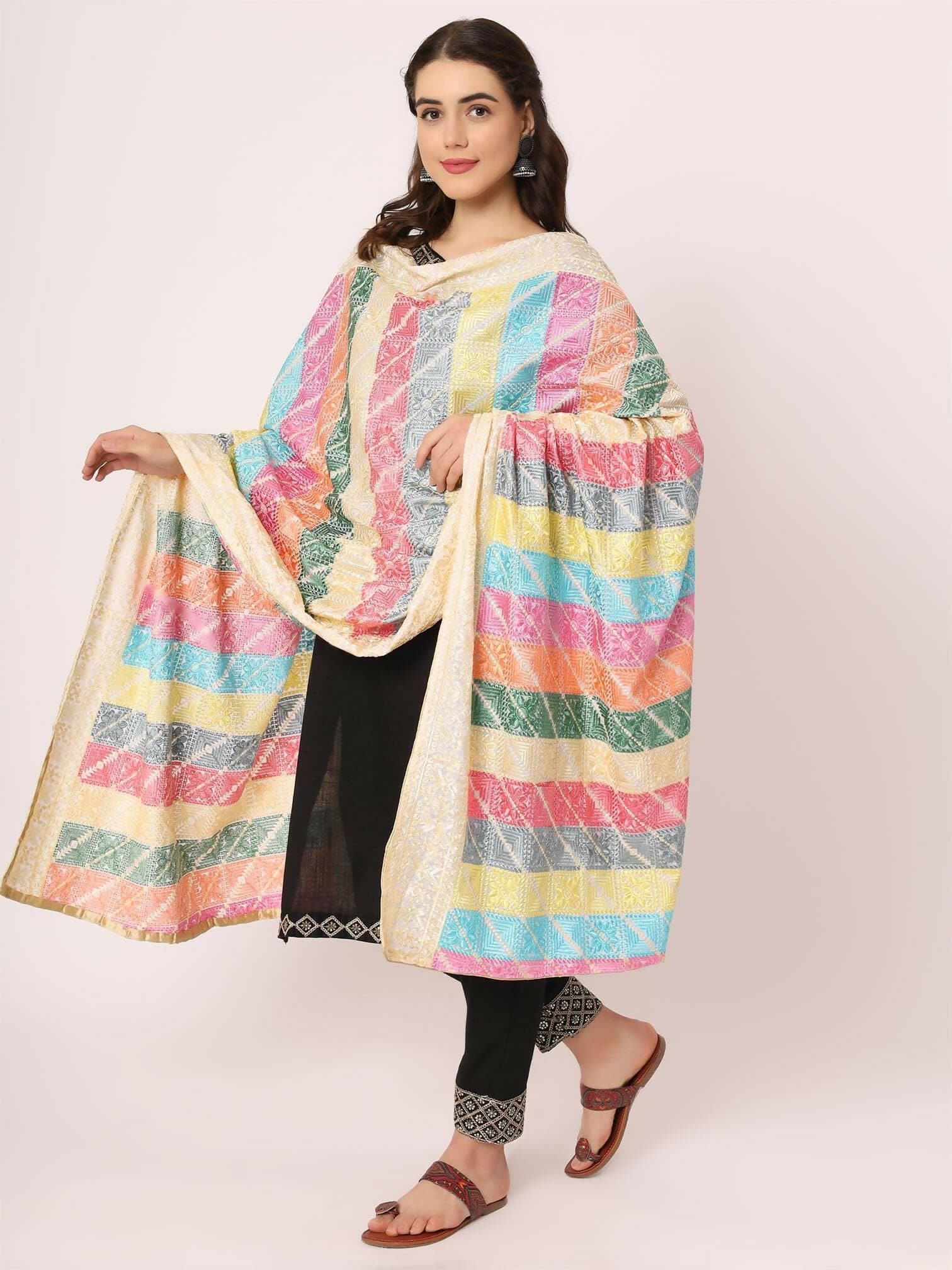 Pastel Colours Embroidery Phulkari Dupatta - HalfPe