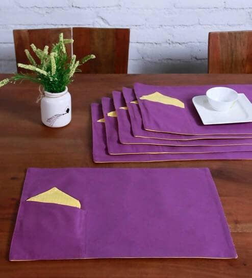 Lushomes table mat and napkins for dining table Set of 12, Fancy Table Mats Online with Pocket and Printed Cloth Napkins, Yellow and Purple(6 Pc Placemats,13x19 Inces + 6 Pcs of Napkins, 16x16 Inches) - HalfPe