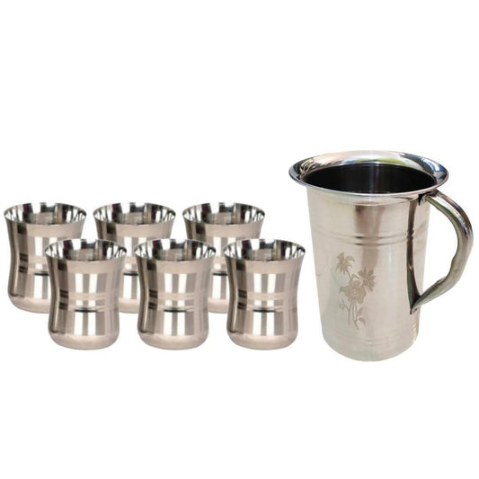 SHINI LIFESTYLE Steel Floral Design Jug and 6pc Laser Design damru Style Glasses - HalfPe