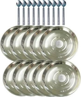 SHINI LIFESTYLE Steel Serving Plate with spoon for bhojan/ dinner (pack of 20) - HalfPe