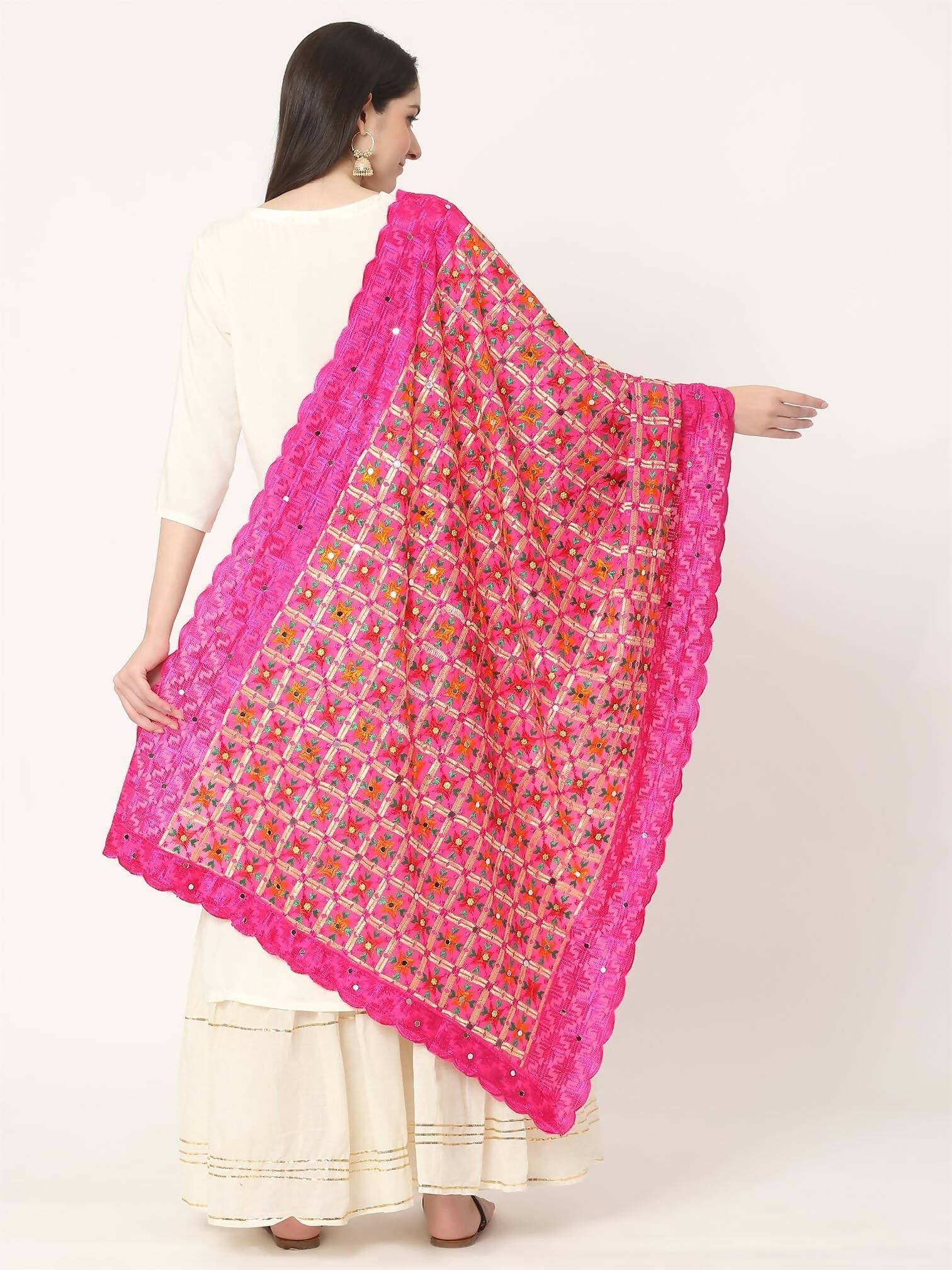 Magenta Multicolour Phulkari Embroidery Dupatta - HalfPe