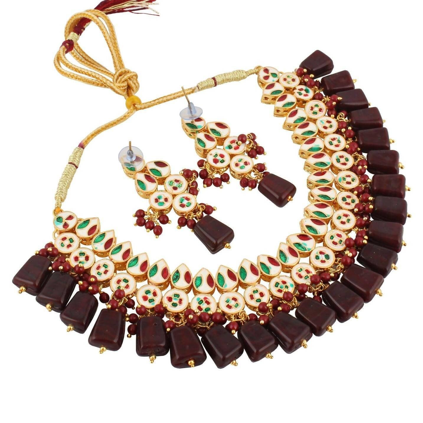 LUCKY JEWELLERY Back Meenakari 18k Gold Plated Maroon Color Earring Combo Uncut Big Faux Kundan Choker Necklace set - HalfPe