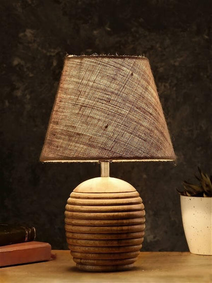 Striped Wooden Brown Lamp With Brown Jute Shade - HalfPe