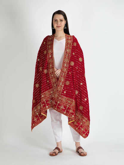 Embroidered Velvet Shawl Dupatta (Red) - HalfPe