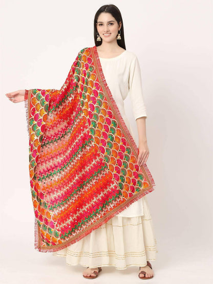 Red Multicolour Embroidery Phulkari Dupatta with Mirror - HalfPe