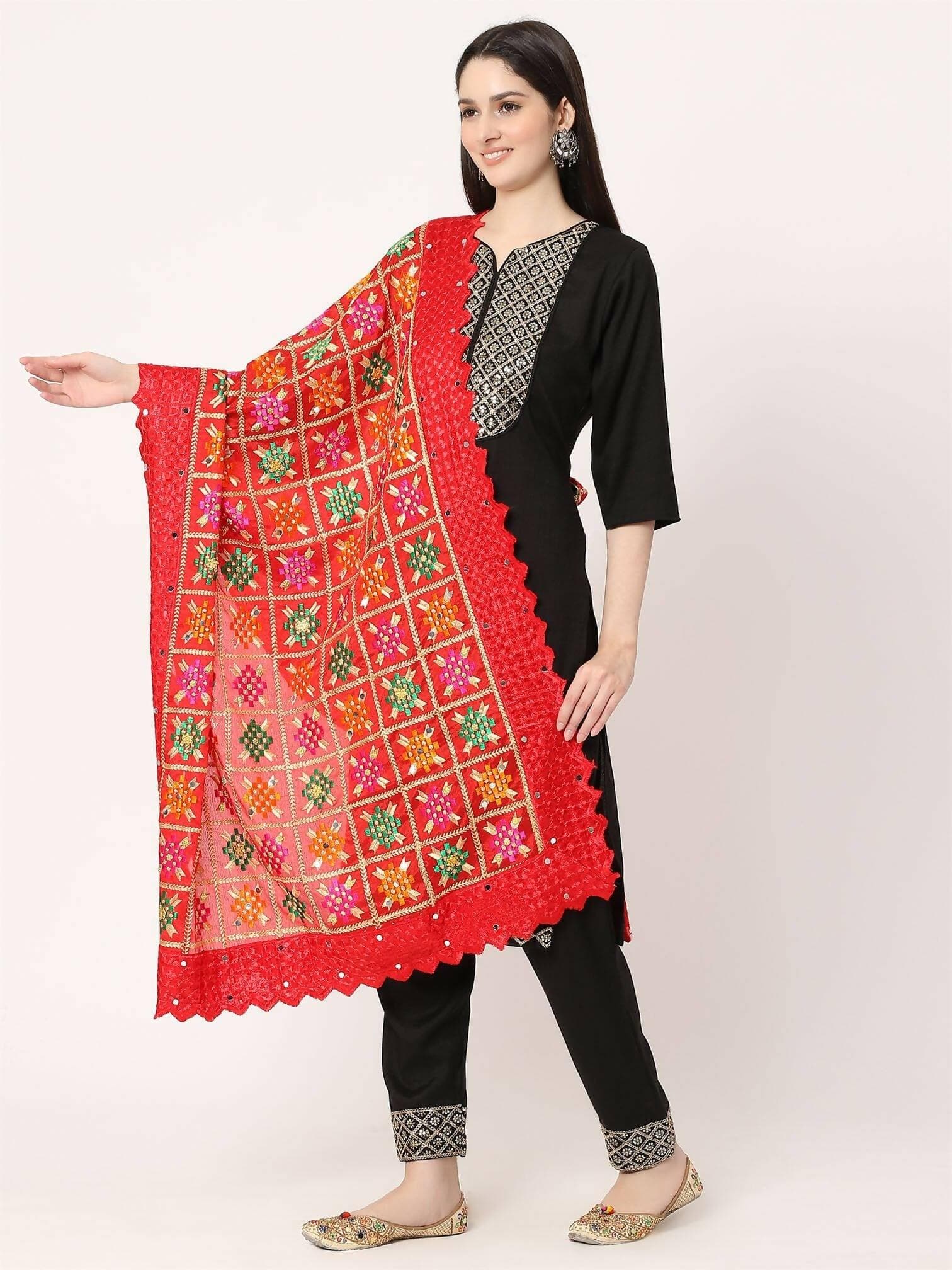 Red Multicolour Embroidery Phulkari Dupatta with Golden Beads - HalfPe