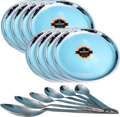 SHINI LIFESTYLE Stainless Steel Dinner Plate/Dessert Plate/Halwa Plate Set 8pc with spoon 8 pcs (Pack of 16) - HalfPe