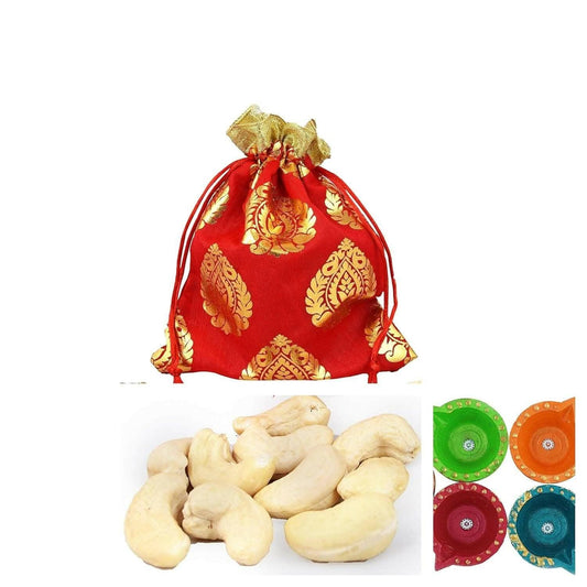 MANTOUSS Diwali Dry Fruit Red Designer Potli-Cashew + 2 Cute diyas - HalfPe