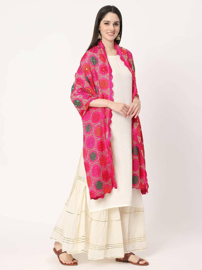 Magenta Multicolour Phulkari Dupatta With Mirror - HalfPe