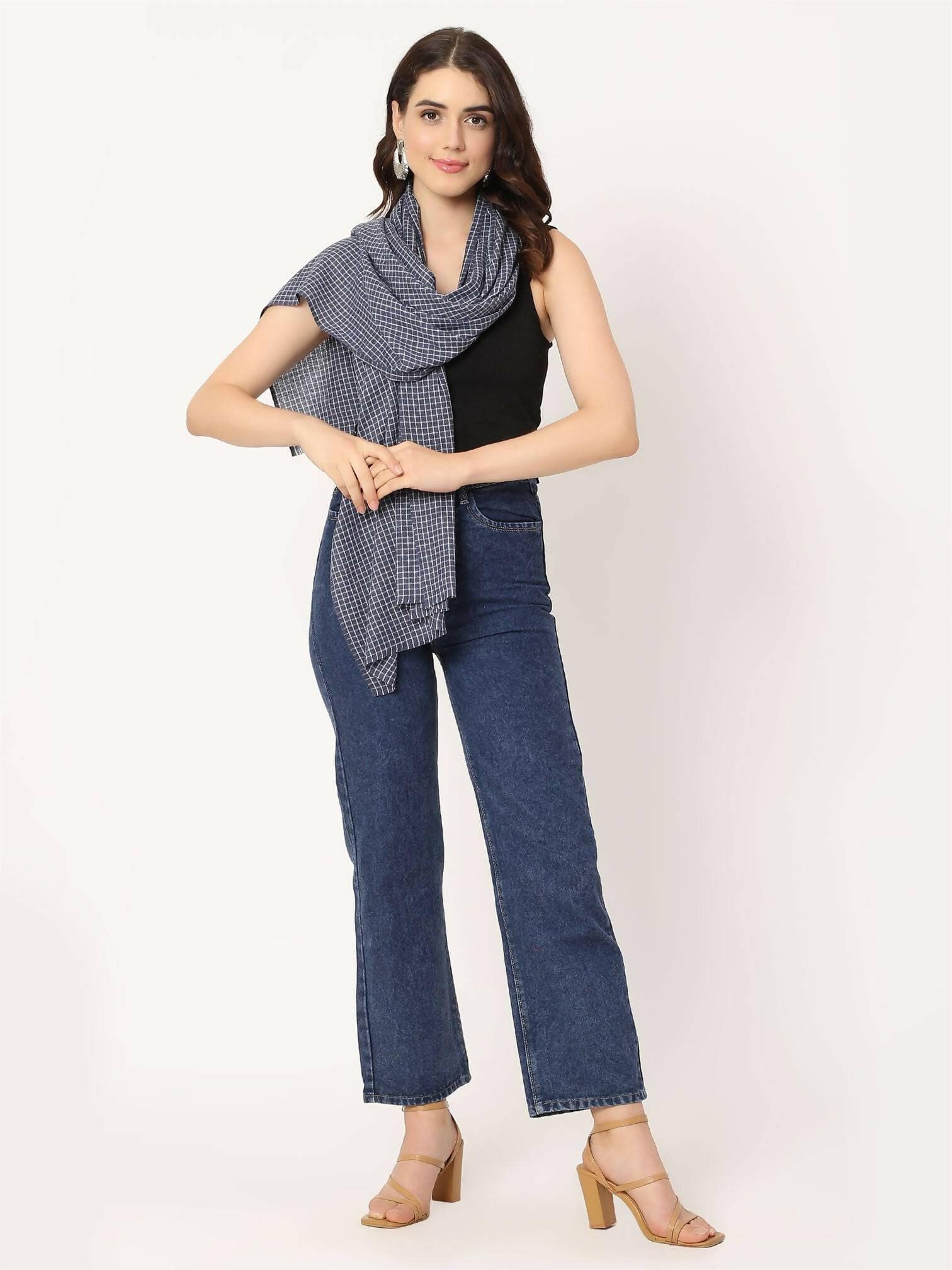 Navy Blue Check Stole for women - HalfPe