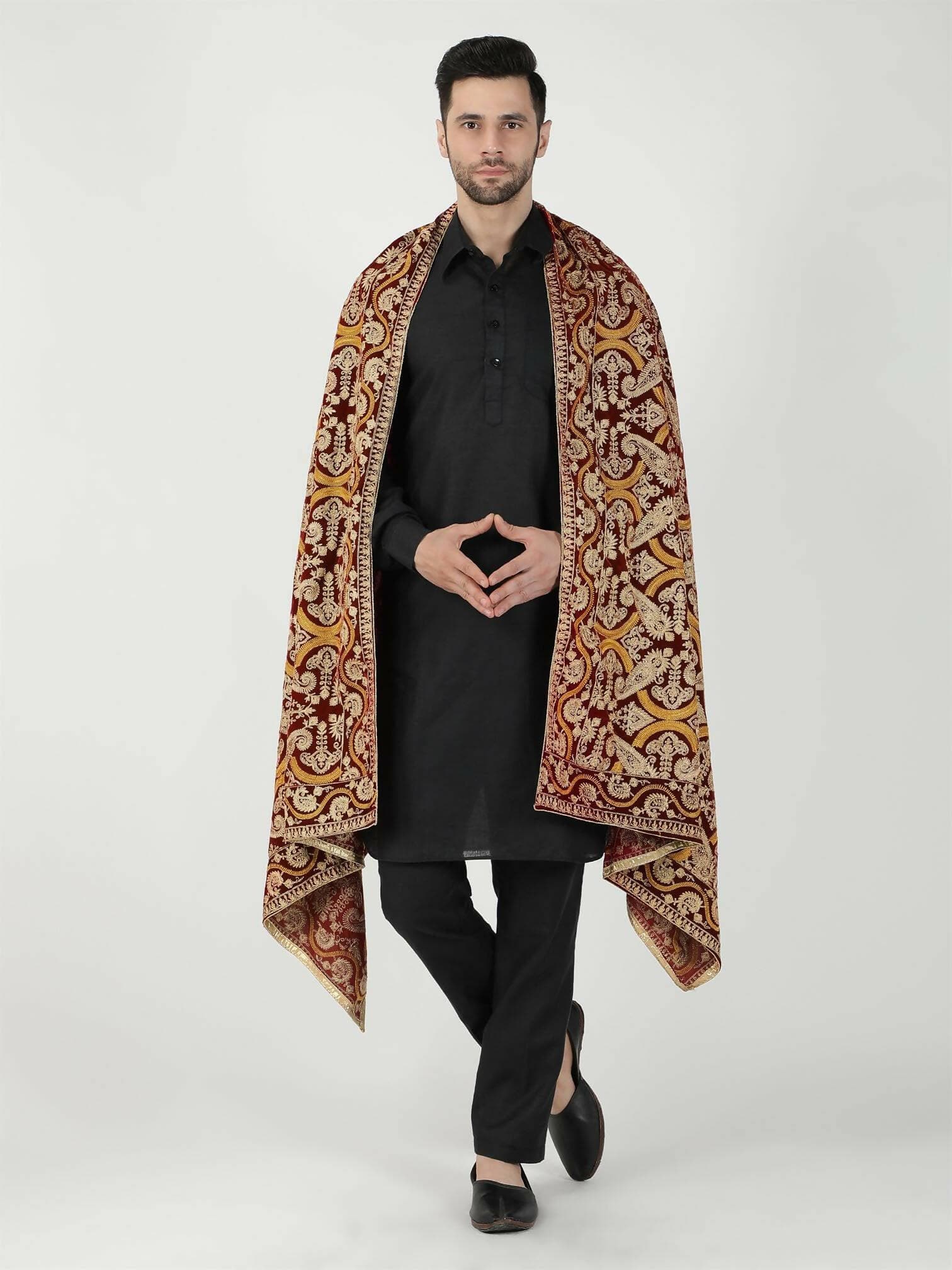 Maroon and Mustard Paisley Patterned Embroidered Velvet Shawl - HalfPe