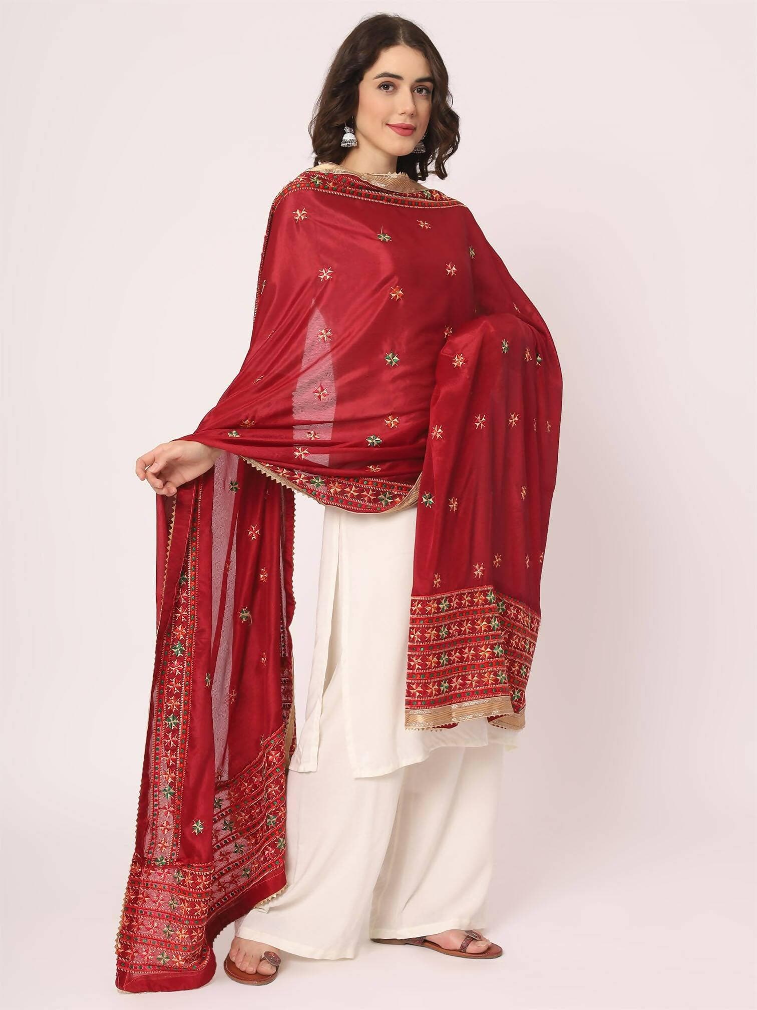 Maroon Multicolour phulkari Embroidery Dupatta - HalfPe