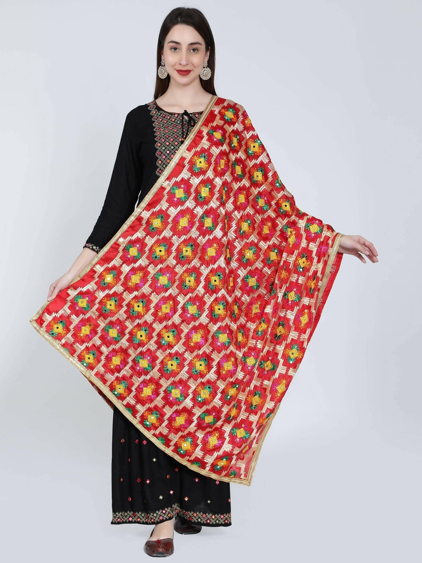 Red Phulkari dupatta (multicolor designs) - HalfPe