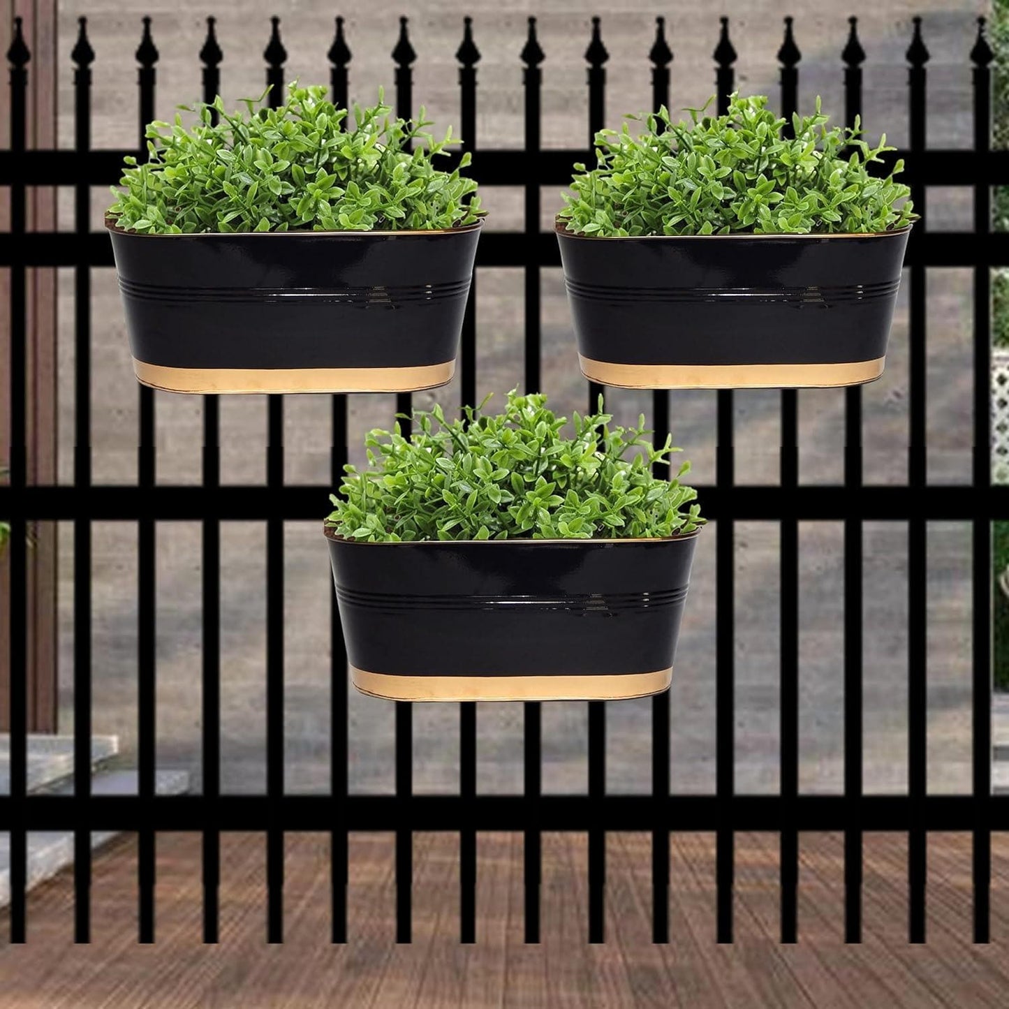 ecofynd 12 Inches Balcony Railing Planter, Hanging Flower Pots for Grills, Home Gardening Outdoor Oval Rectangular Metal Plant Pots, Pack of 3 (Black) - halfpeapp