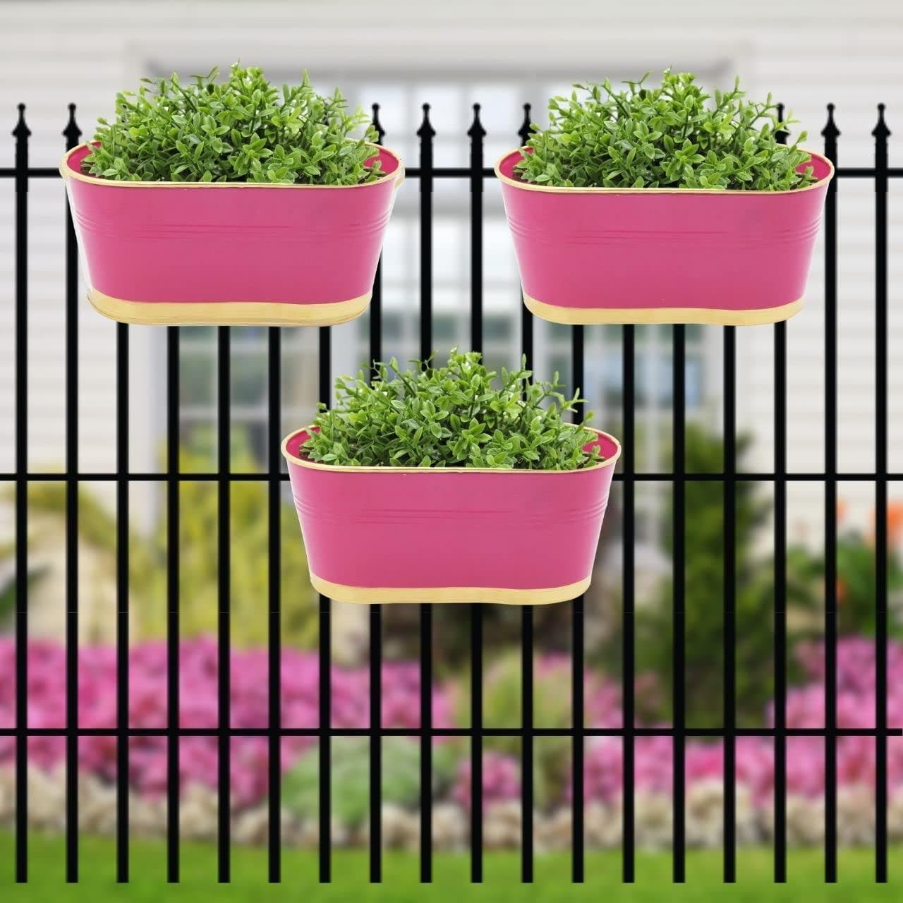 ecofynd 12 Inches Balcony Railing Planter, Hanging Flower Pots for Grills, Home Gardening Outdoor Oval Rectangular Metal Plant Pots, Pack of 3 (Pink) - halfpeapp