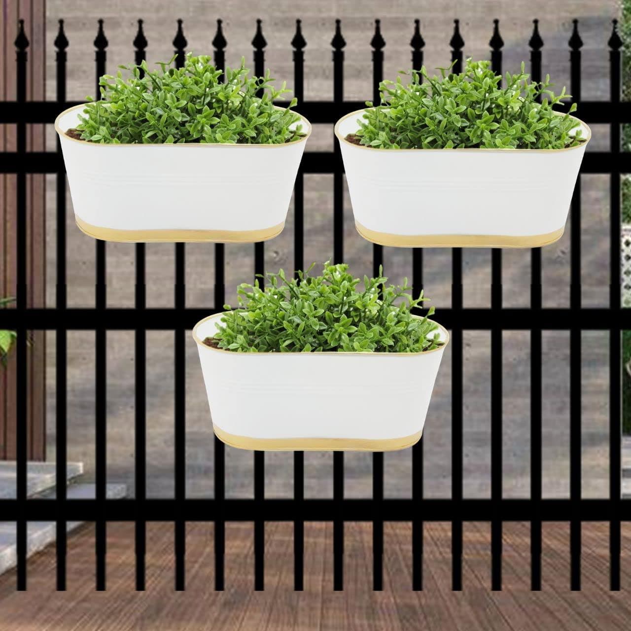 ecofynd 12 Inches Balcony Railing Planter, Hanging Flower Pots for Grills, Home Gardening Outdoor Oval Rectangular Metal Plant Pots, Pack of 3 (White) - halfpeapp